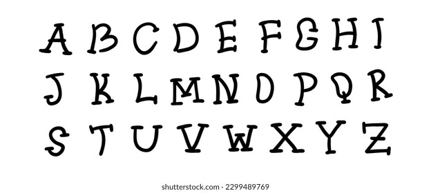 Loose lettering black english latin abc alphabet font A to Z. Vector illustration in hand drawn doodle style isolated on white background. For wedding invitation, typography, learning, card.