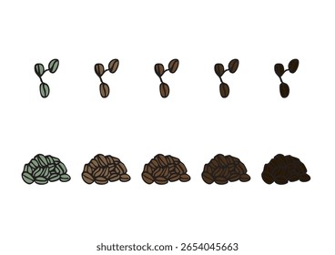 Grãos de café de arte de linha solta com conjunto de ilustrações de torradas diferentes