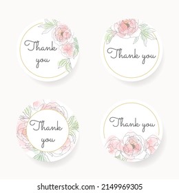 loose line art poeny flower bouquet wreath with golden frame thank you sticker collection