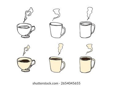 Loose Line Art Steaming Coffee Cup Illustration Set for Break Time