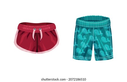 Loose Male Elastic Swim Trunks as Swimsuit for Water Activity Vector Set