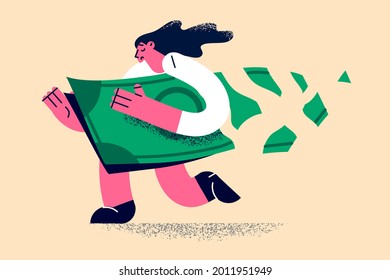 Loose money and financial loss concept. Business woman carrying damaged dollar investment in financial crisis, crumble and reduce in value vector illustration