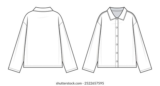 Loose shirt jacket technical fashion illustration. Loose shirt jacket vector template illustration. front and back view. oversized. drop shoulder. unisex. white color. CAD mockup set.