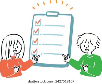 Loose simple illustration set of men and women pointing at a checklist
