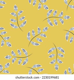 Loose sprigs of leaves seamless vector pattern background. Yellow blue botanical foliage hand drawn line art scattered leaves. Bright leaf backdrop. Painterly tossed design for packaging, summer