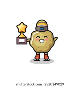 dibujos animados de taburetes sueltos como jugador de patinaje sobre hielo sostiene trofeo ganador, diseño de estilo lindo para camiseta, pegatina, elemento logo