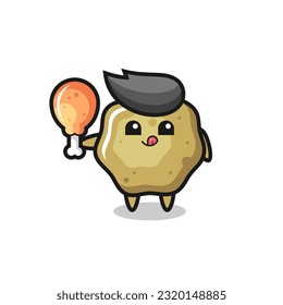 loose stools cute mascot is eating a fried chicken , cute style design for t shirt, sticker, logo element