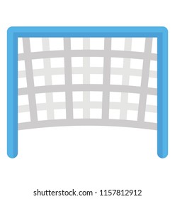 
A loose structure net in a three sided mounted metal stand in a playground depicting goal post
