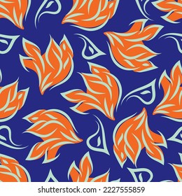 Loose swirling leaf seamless vector pattern background. Tropical botanical foliage hand drawn line art scattered leaves. Duotone backdrop.Tossed multidirection design for packaging, summer