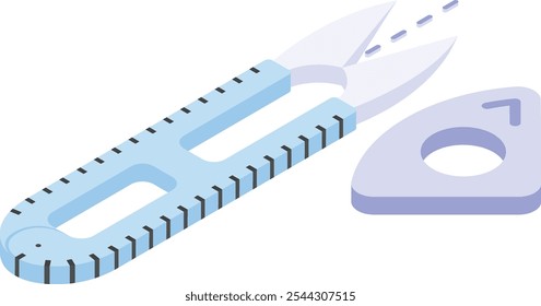 Loose thread trimmer isometric flat design, Handcrafted symbol, Perfect fit clothing sign,Sew and Tailor materials stock illustration, Thread Clipper and Chalk concept