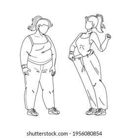 Loose Weight Woman Before And After Look Black Line Pencil Drawing Vector  Fat Girl And Lost Weight Thin  Diet Or Fitness Sport Exercise  Character Lady Overweight With Athletic Figure Illustration