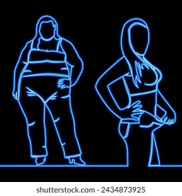 Loose Weight Woman Before And After Look Fat Girl And Lost Weight Thin, Diet Or Fitness Sport Exercise. Character Lady Overweight And With Athletic Figure icon neon glow vector illustration concept
