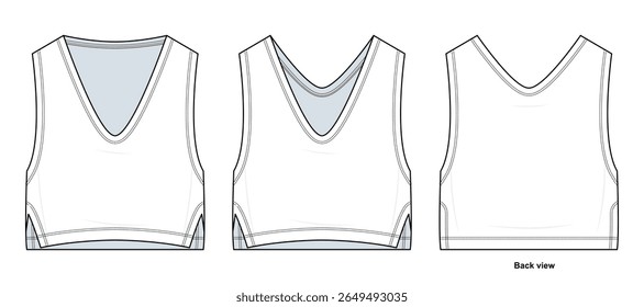 Loose-Fit V-Neck Cropped Vest Technical Fashion Illustration. Relaxed Sleeveless Pullover Tank with Layered Look Vector Template. Front, Side, and Back View. Women’s Casualwear. CAD Mockup.