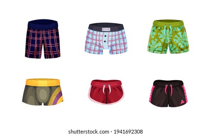 Loose-fitting and Tight Male Brief Shorts and Swimming Trunks Vector Set. Colorful Swimwear or Bathing Suit Made of Nylon Front View Concept