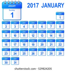 Loose-leaf calendar 2017, january. Vector illustration (icon for app).