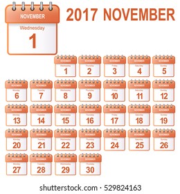 Loose-leaf calendar 2017, november. Vector illustration (icon for app).
