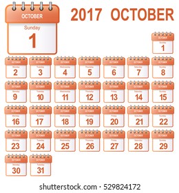 Loose-leaf calendar 2017, october. Vector illustration (icon for app).