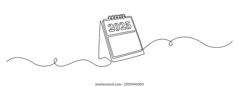 Loose-leaf calendar 2025 year in one continuous line drawing. Symbol of memorable date and event day in simple linear style. Time planner agenda concept in editable stroke. Doodle vector illustration