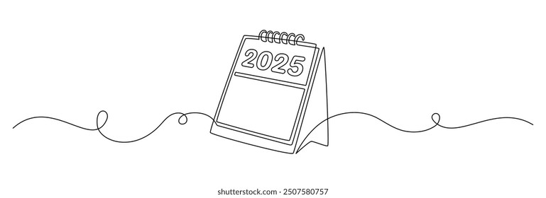 Calendario de hojas sueltas 2025 año en un dibujo de línea continua. Símbolo de fecha memorable y día de evento en estilo lineal simple. Concepto de agenda de planificador de tiempo en trazo editable. Ilustración vectorial Doodle