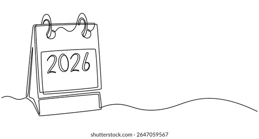 Calendário de folha solta 2026 desenho contínuo de uma linha, desenho de linha contínua de calendário de folha solta. Uma parte do calendário 2026, data memorável, contagem regressiva, feriado, dia da semana e fim de semana. Mão desenhada.