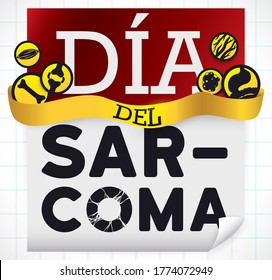 
Loose-leaf calendar with buttons scattered around it with different types of connective and soft tissues over squared background, promoting Sarcoma Day celebration (texts written in Spanish).