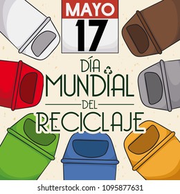 Loose-leaf calendar and colored trash cans for proper trash sorting for the International Recycling Day (written in Spanish) in May 17.