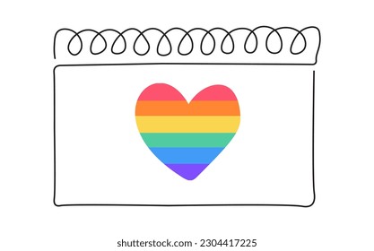 Loose-leaf calendar continuous line drawing with hearts in rainbow colors. Organizer concept. Pride month. Vector illustration