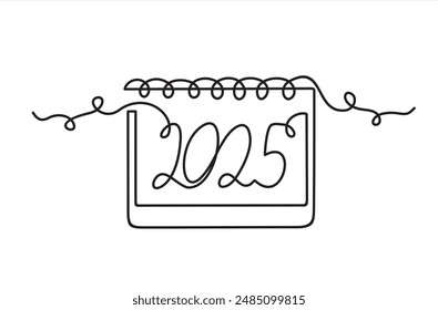 Dibujo de línea continua de calendario de hojas sueltas. Una línea de arte del calendario 2025, fecha memorable, cuenta regresiva, feriado, día de la semana y fin de semana.