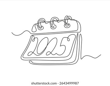 Dibujo de línea continua de calendario de hojas sueltas. Una línea de arte del calendario 2025, fecha memorable, cuenta regresiva, día festivo, día de la semana y fin de semana. Dibujado a mano un Vector de línea. Trazo editable	