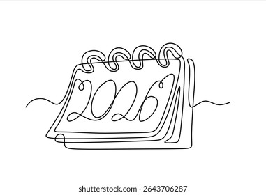 Dibujo de línea continua de calendario de hojas sueltas. Una línea de arte del calendario 2026, fecha memorable, cuenta regresiva, día festivo, día de la semana y fin de semana. Dibujado a mano un Vector de línea. Trazo editable	