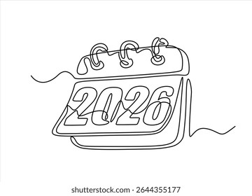 Loose-leaf calendar continuous line drawing. One line art of calendar 2026, memorable date, countdown, holiday, weekday and weekend. Hand drawn one line vector. Editable stroke