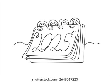 Dibujo de línea continua de calendario de hojas sueltas. Una línea de arte del calendario 2025, fecha memorable, cuenta regresiva, día festivo, día de la semana y fin de semana. Dibujado a mano un Vector de línea. Trazo editable	