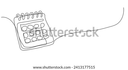 Loose-leaf calendar continuous line drawing. One line art of calendar, memorable date, countdown, holiday, weekday and weekend.