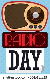 Loose-leaf calendar decorated with On Air sign and bakelite transistor radio in the top of it reminding at you to celebrate Radio Day.