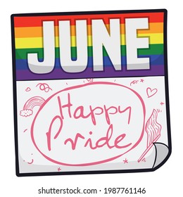 Loose-leaf calendar decorated with rainbow flag colors and cute doodles, reminding at you to celebrate a happy Pride in June.