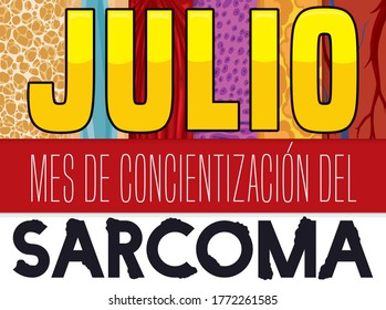 
Loose-leaf calendar with deformed sign and healthy different types of connective and soft tissues, promoting healthcare during July, Month of Sarcoma Awareness (texts written in Spanish).