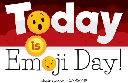 
Loose-leaf calendar with emojis, decorated with sun shape, surprised face and smiley winking, reminding at you to celebrate Emoji Day today: July 17.