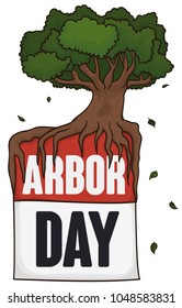 Loose-leaf calendar with giant tree in the top of it, with some leaves like confetti to commemorate Arbor Day.