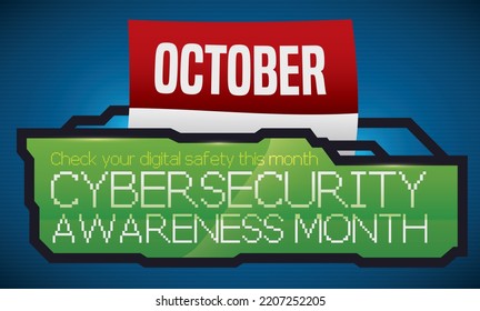 Loose-leaf calendar and green futuristic screen, promoting October as the Cybersecurity Awareness Month over blue background with scan lines.