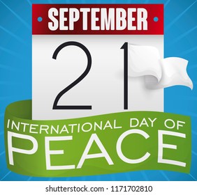 Loose-leaf calendar with green ribbon, number one like flagpole for a white waving flag to commemorate International Day of Peace this 21st September.