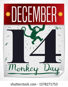 Loose-leaf calendar with happy primate hanging and streamers shower in doodle style, celebrating Monkey Day this December 14.