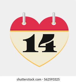 Loose-leaf calendar icon in the shape of a heart, 14 February, the Valentine's Day date, vector illustration