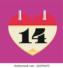 Loose-leaf calendar icon in the shape of a heart, 14 fabrary, the Valentine's Day date, flat style vector illustration
