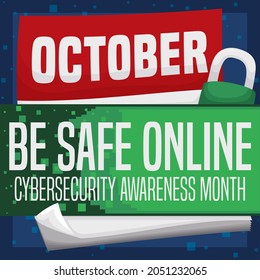 Loose-leaf Calendar, Padlock And Pixelated Sign Promoting Safety Measures During Cybersecurity Awareness Month.