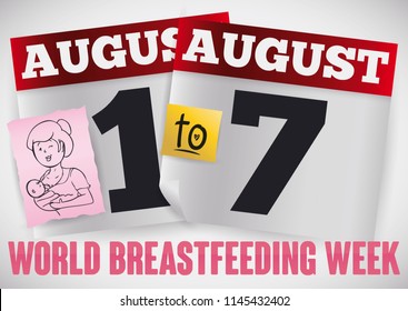 Loose-leaf calendar papers with reminder date for World Breastfeeding Week in August, decorated with a lovely doodle with mom breastfeeding her baby.