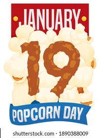 Loose-leaf calendar with popcorn and delicious caramel forming the reminder date for Popcorn Day: January 19.