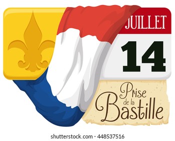 Loose-leaf calendar with reminder date of Bastille Day decorated with a golden placard with fleur-de-lis inside and the France flag.