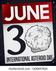 Loose-leaf calendar with reminder date, floating in the space to celebrate International Asteroid Day with an asteroid in hand drawn style with some craters.