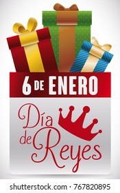 Loose-leaf calendar with reminder date, greeting, crown silhouette and some gifts to celebrate Dia de Reyes (written in Spanish) in January 6.