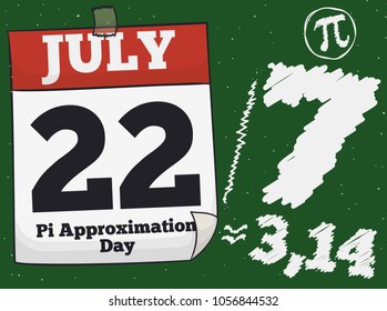 Loose-leaf calendar with reminder date over a chalkboard with the fraction, a pi symbol and the constant value to commemorate Pi Approximation Day on 22nd July.